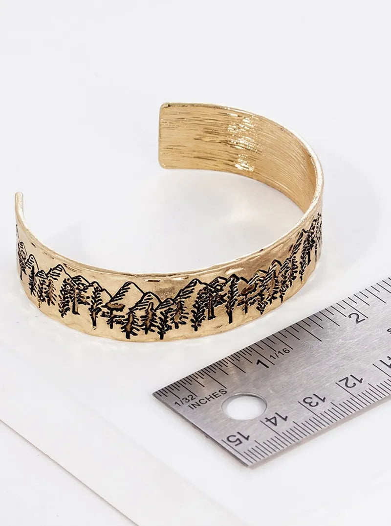 Scenic Mountain Engraved Metal Open Cuff Bracelet