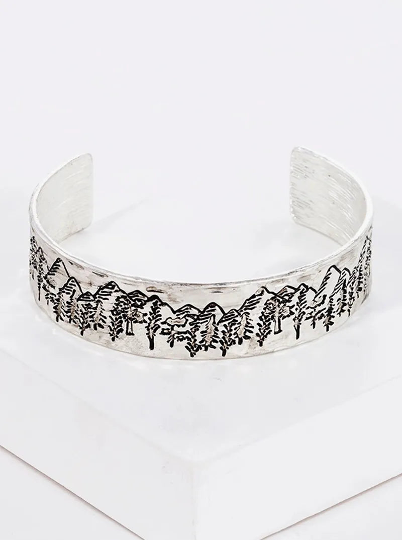 Scenic Mountain Engraved Metal Open Cuff Bracelet