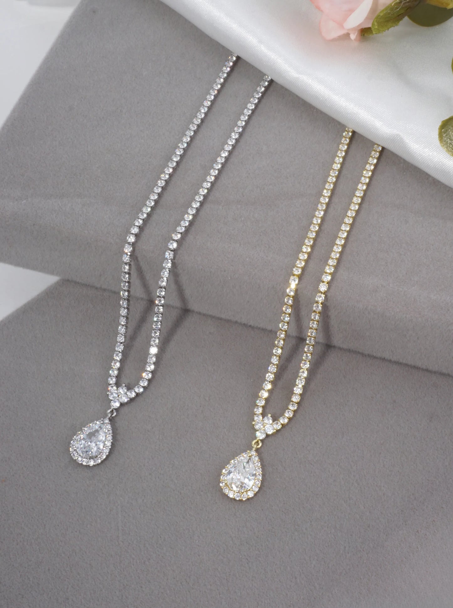 Sculptural Teardrop Pave Tennis Necklace