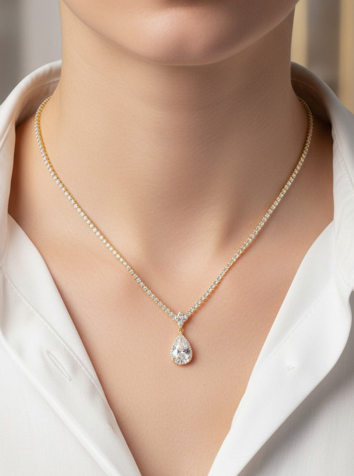Sculptural Teardrop Pave Tennis Necklace