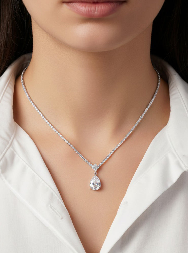 Sculptural Teardrop Pave Tennis Necklace