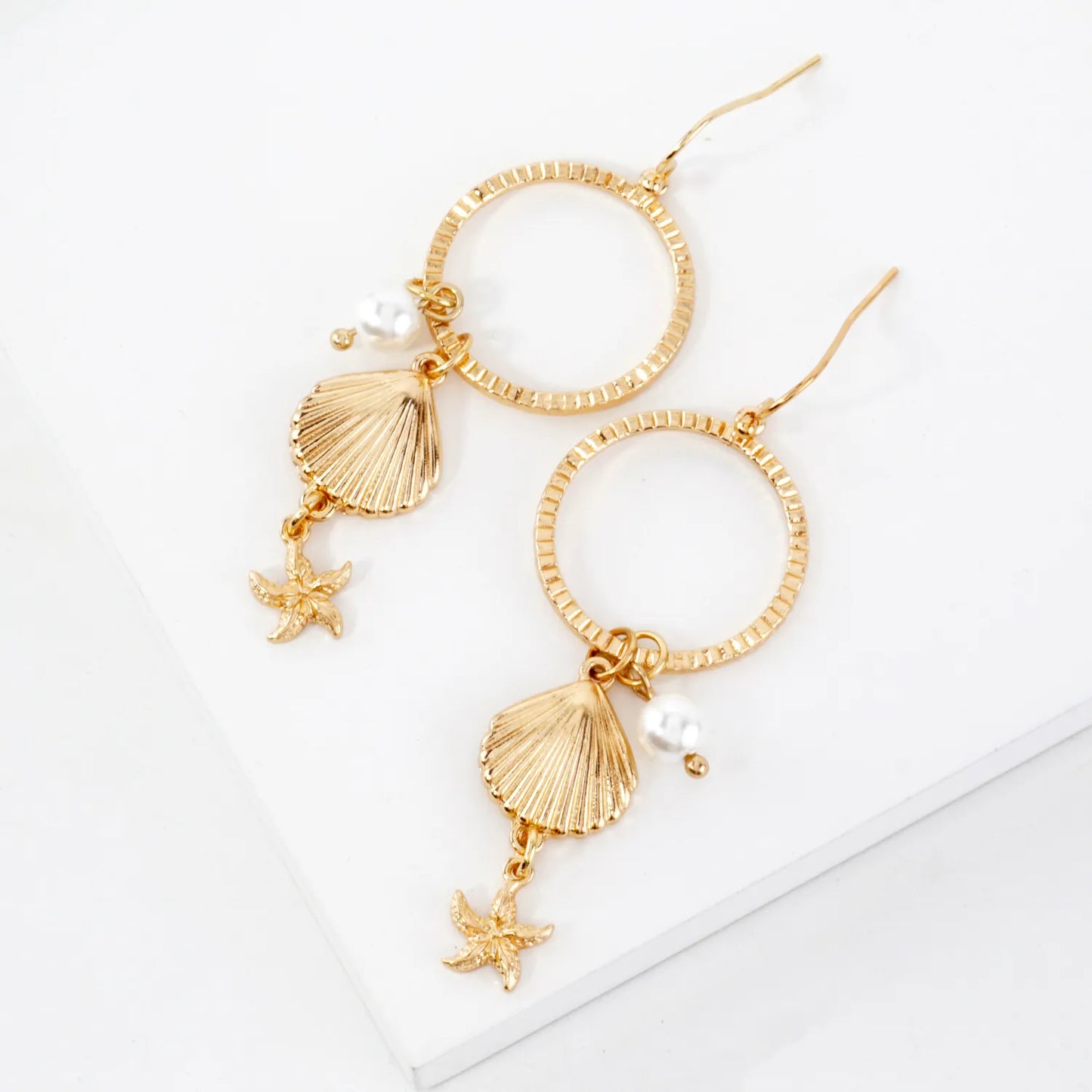 Sea-Life Charm Drop Textured Circle Earrings