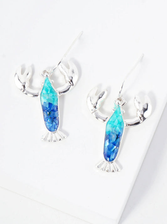 Sea-Life Chip-Stone Inlay Lobster Drop Dangle Earrings