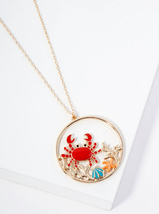 Sea-Life Crab Shell Starfish Circle Pendant 30-inch Long Necklace