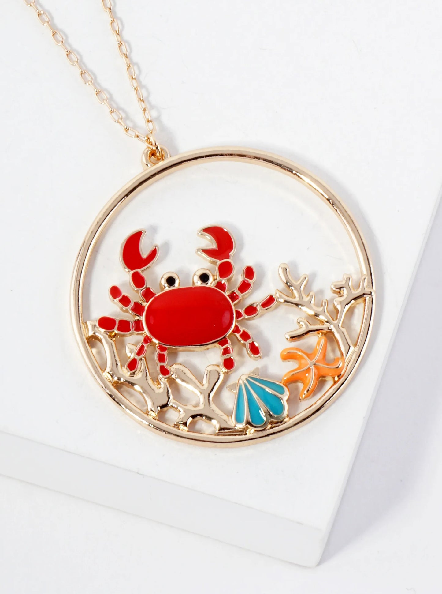 Sea-Life Crab Shell Starfish Circle Pendant 30-inch Long Necklace