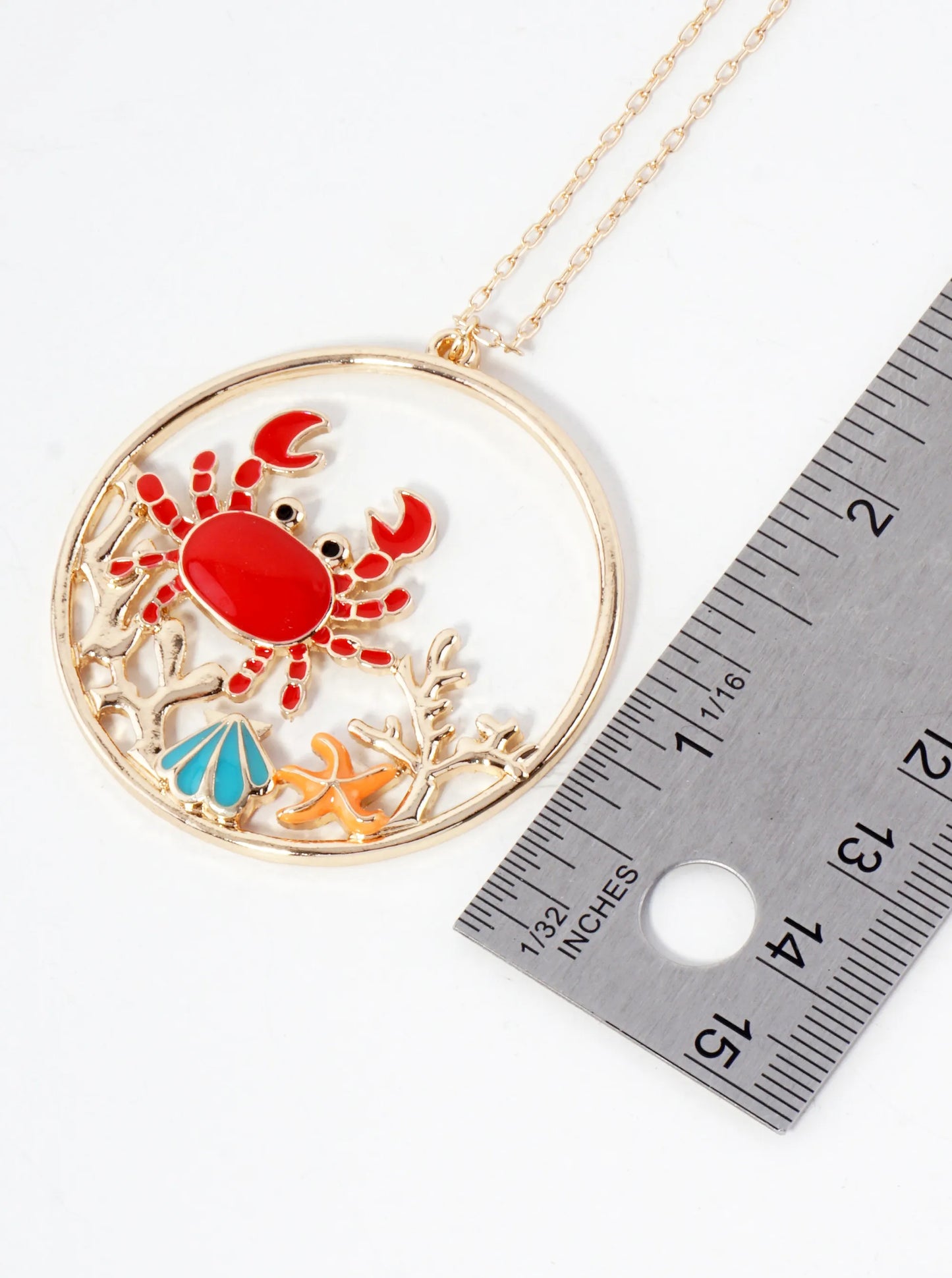 Sea-Life Crab Shell Starfish Circle Pendant 30-inch Long Necklace