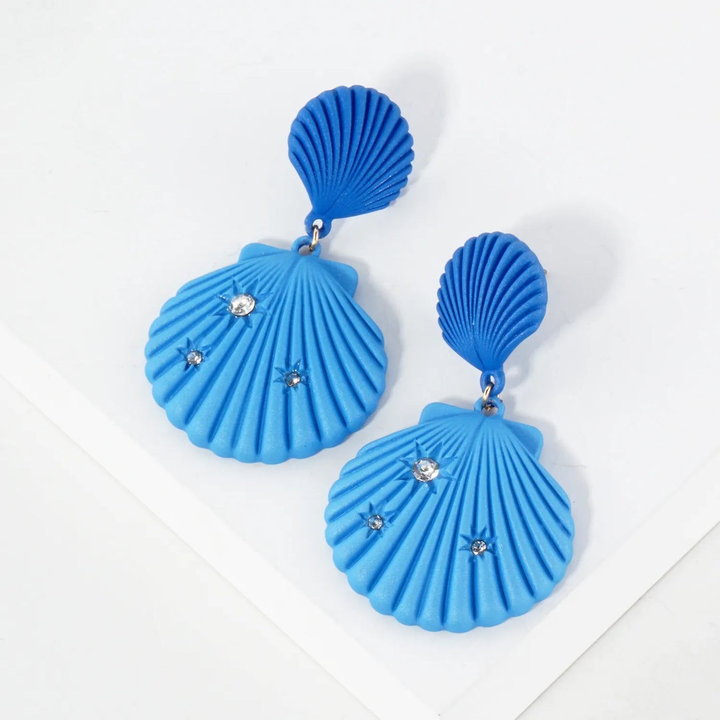 Sea-Life Crystal Accents Double Seashell Drop Statement Earrings