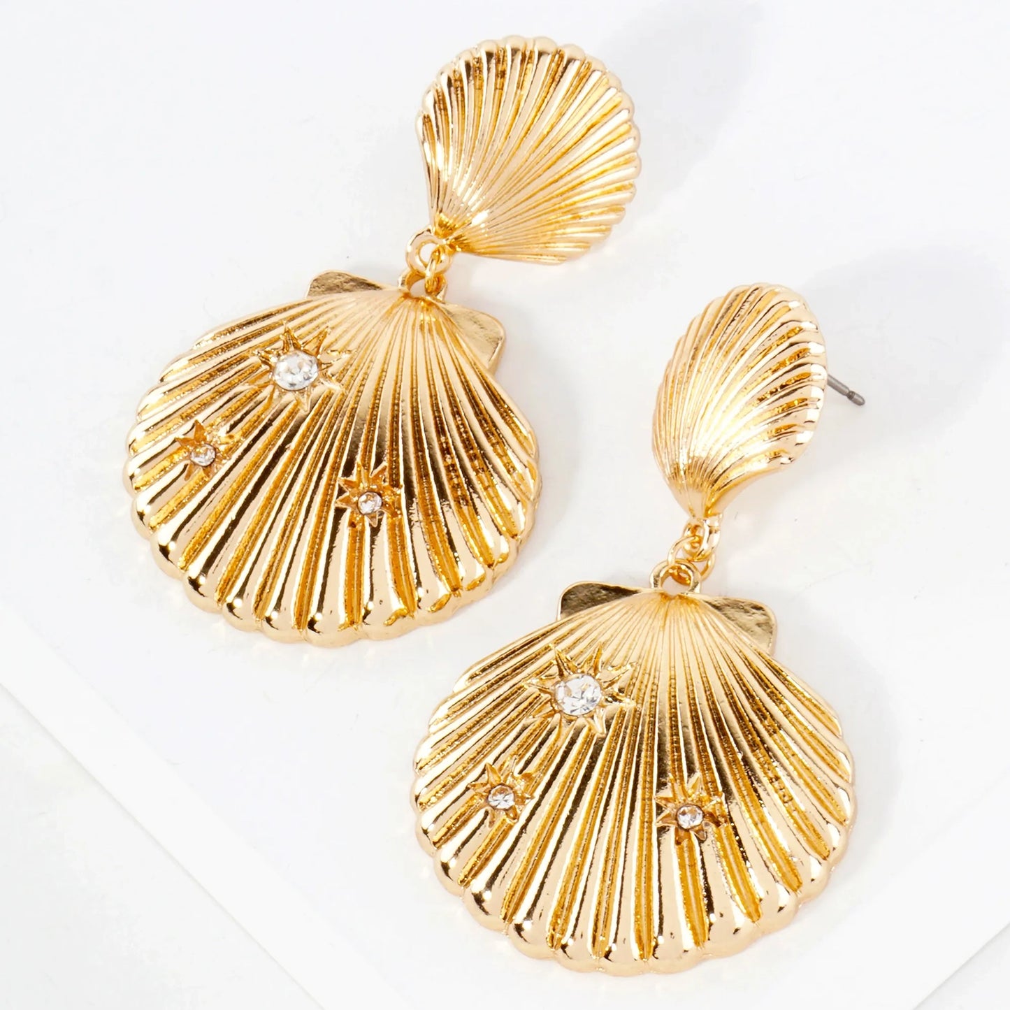 Sea-Life Crystal Accents Double Seashell Drop Statement Earrings