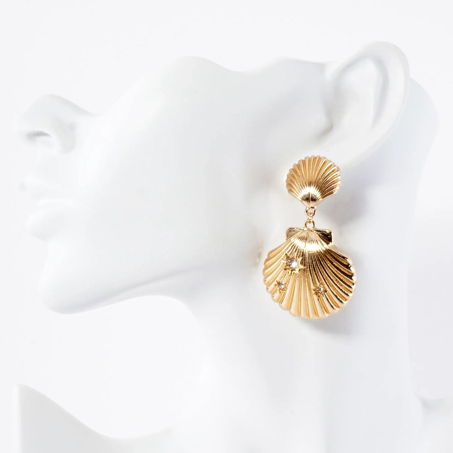 Sea-Life Crystal Accents Double Seashell Drop Statement Earrings