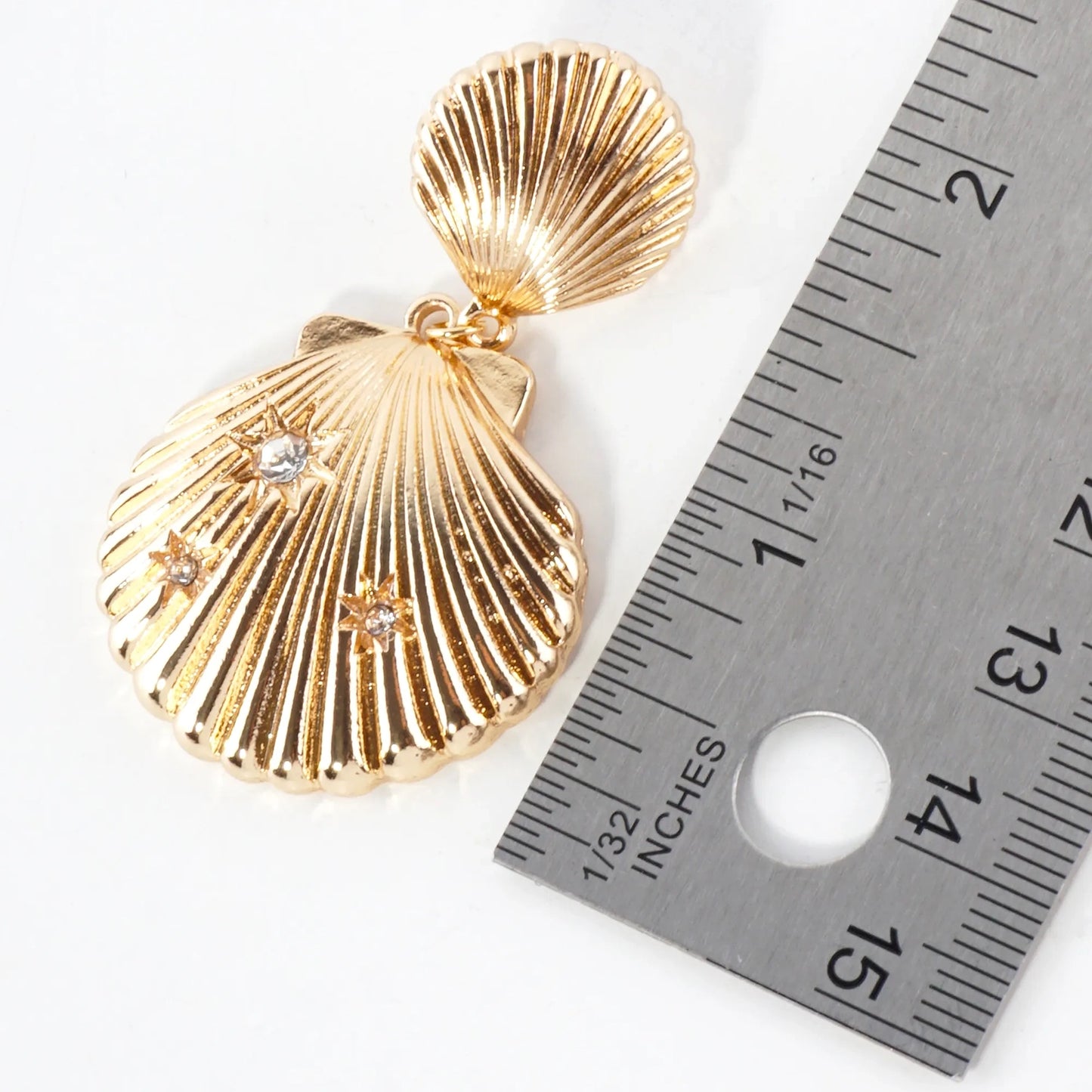Sea-Life Crystal Accents Double Seashell Drop Statement Earrings