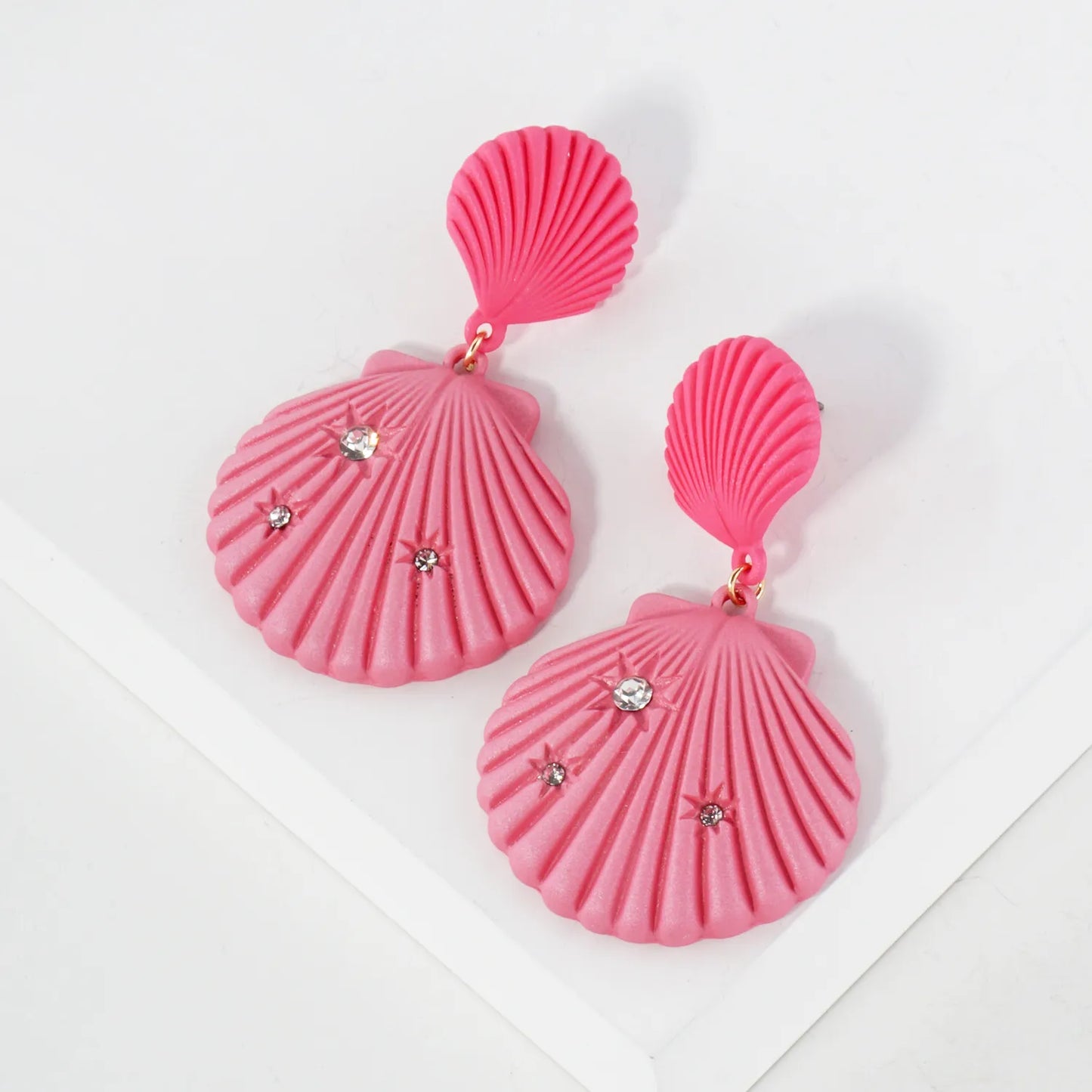 Sea-Life Crystal Accents Double Seashell Drop Statement Earrings