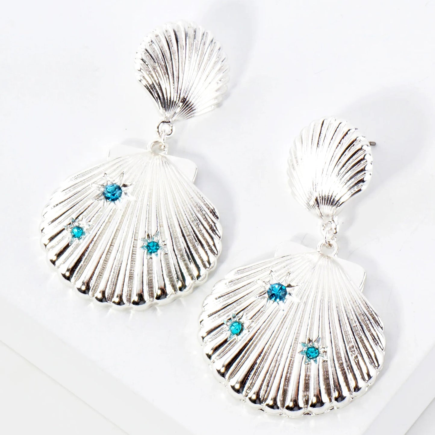 Sea-Life Crystal Accents Double Seashell Drop Statement Earrings
