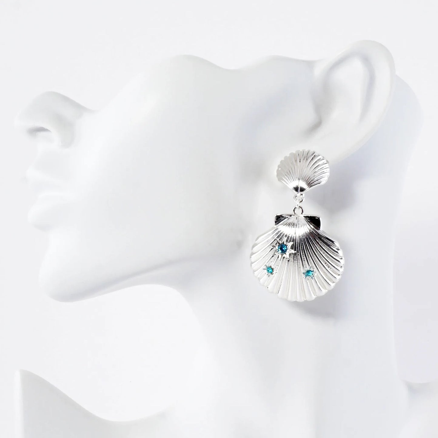 Sea-Life Crystal Accents Double Seashell Drop Statement Earrings