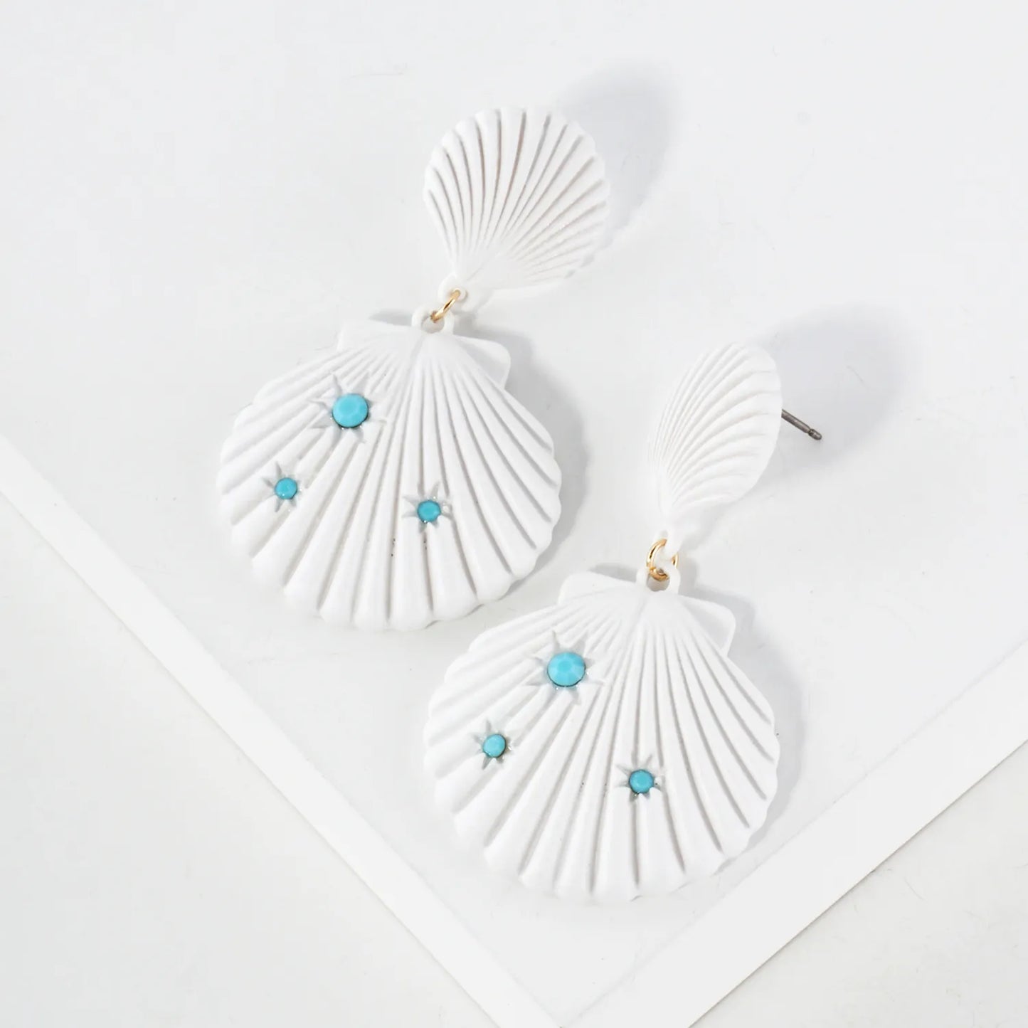 Sea-Life Crystal Accents Double Seashell Drop Statement Earrings