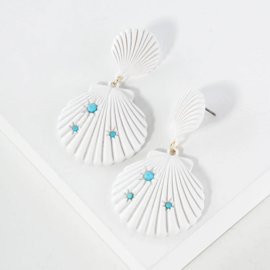 Sea-Life Crystal Accents Double Seashell Drop Statement Earrings