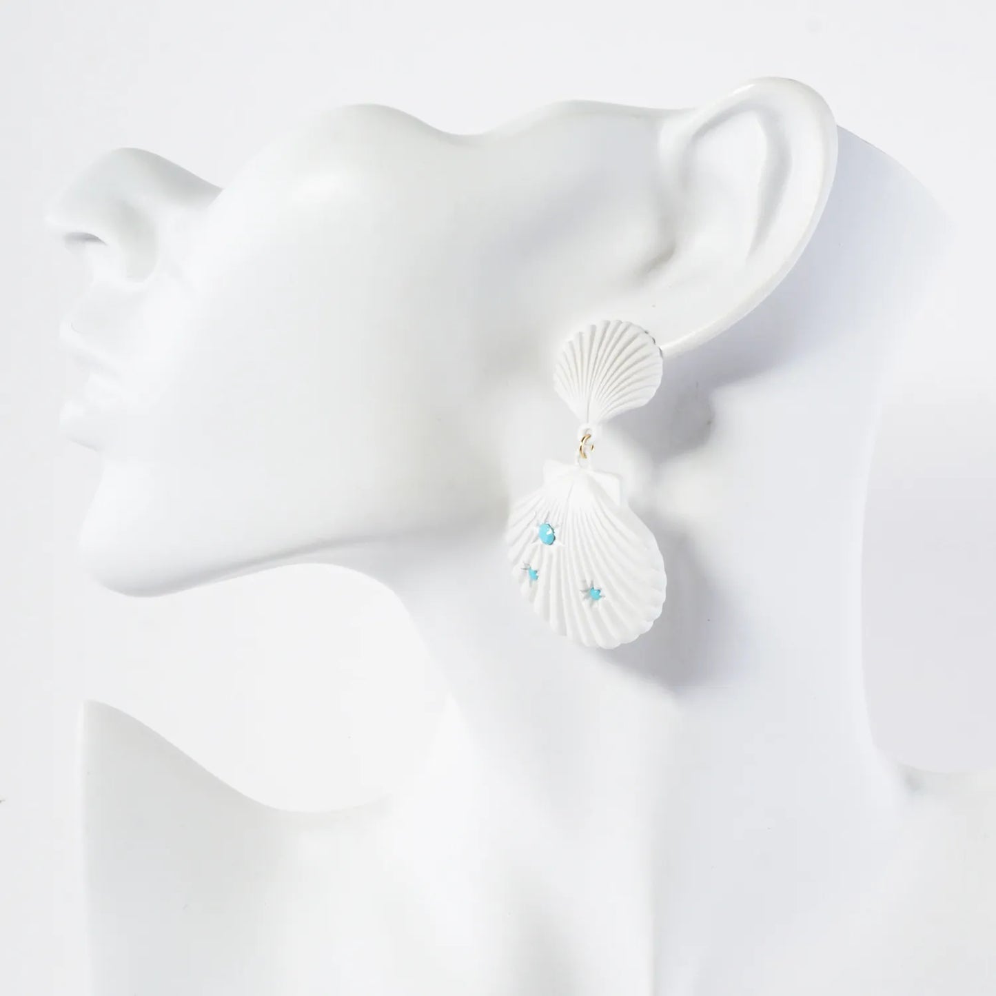 Sea-Life Crystal Accents Double Seashell Drop Statement Earrings