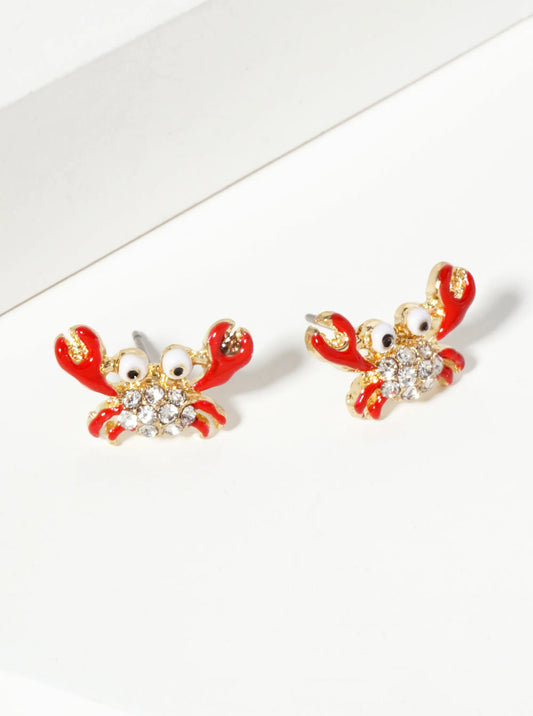 Sea-Life Crystal-Pave Enamel Fun Crab Stud Earrings