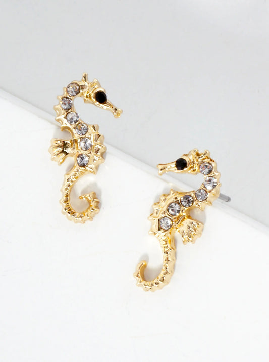 Sea-Life Crystal-Pave Seahorse Stud Earrings