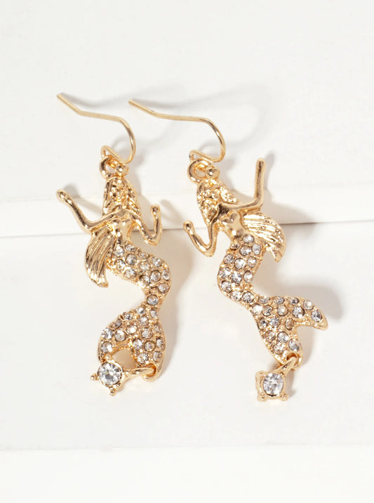 Sea-Life Crystal-Pave Symmetrical Mermaid Drop Dangle Earrings