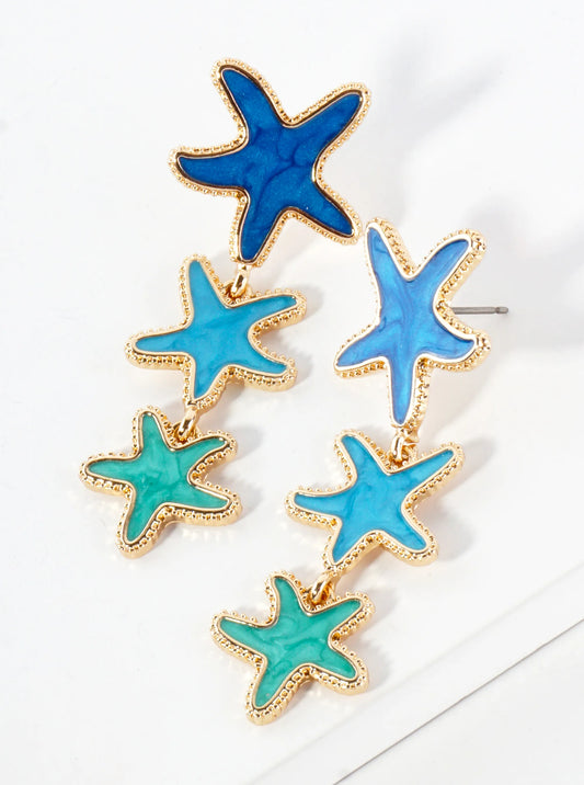 Sea-Life Graduated Enamel Starfish Dangle Drop Earrings