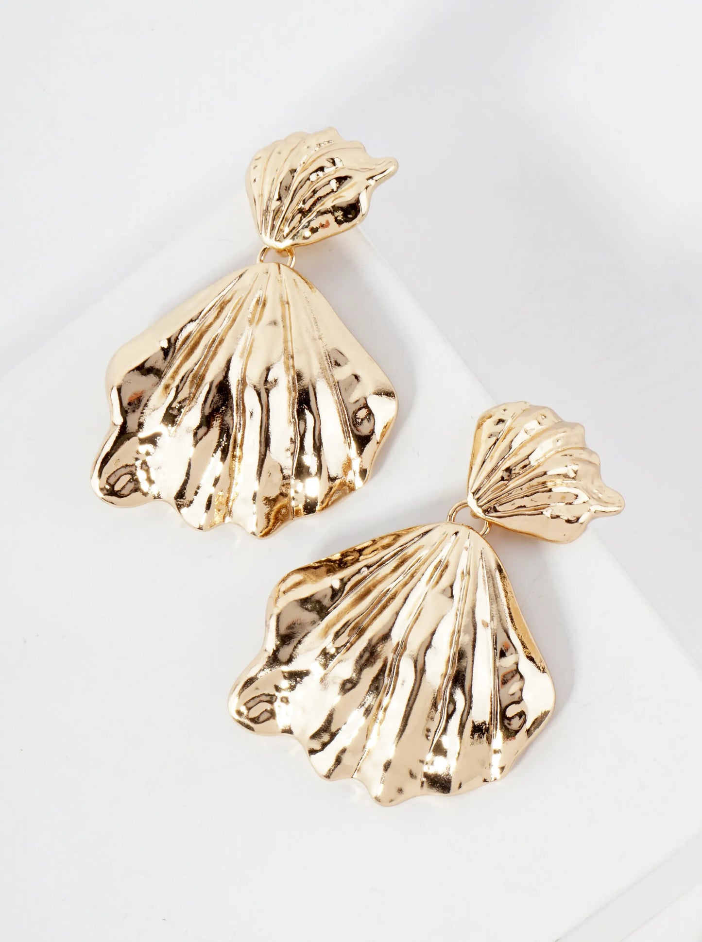 Sea-Life Hammered-Texture Metal Double Shell Statement Dangle Earrings With-Titanium-Post