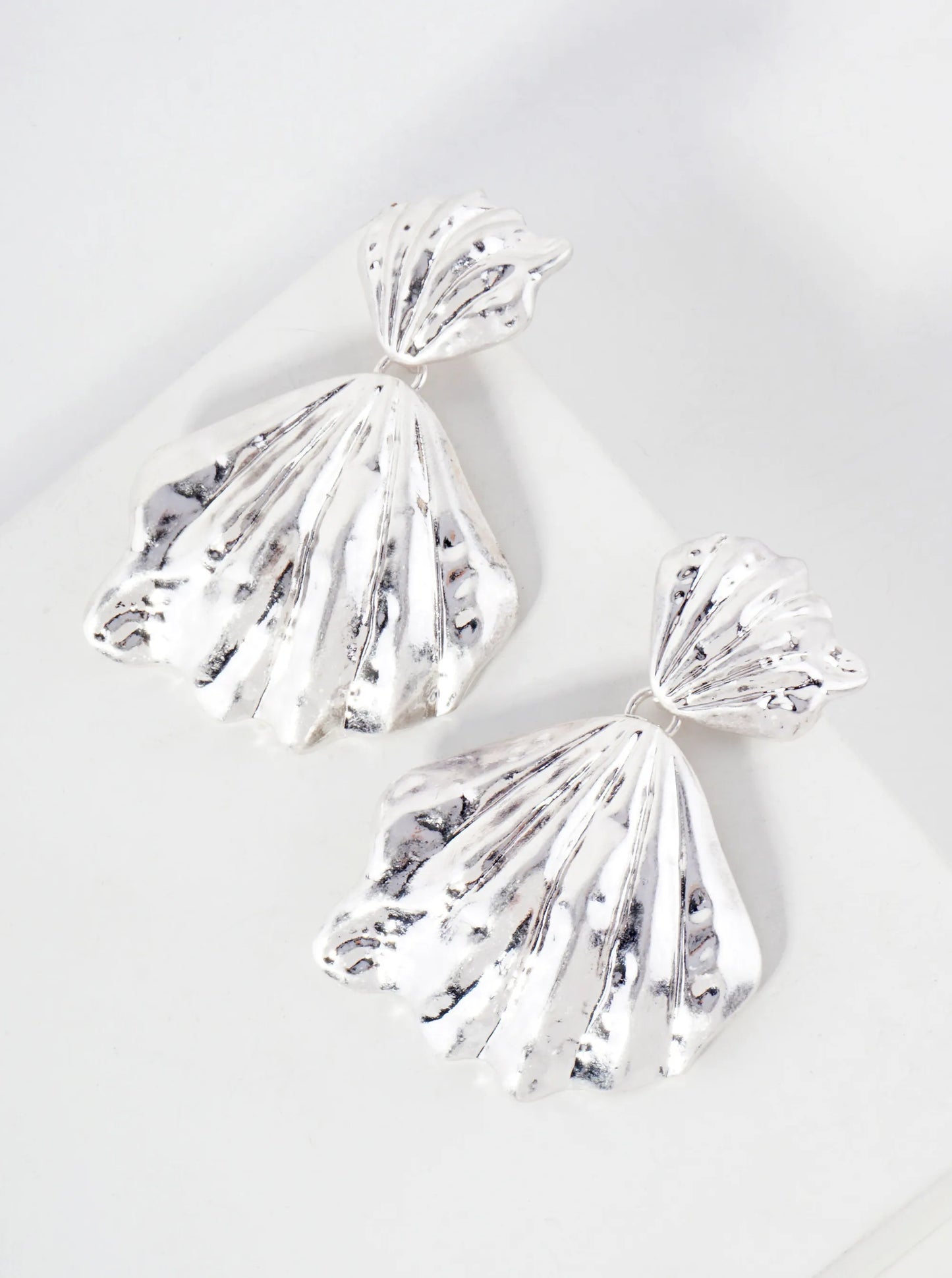 Sea-Life Hammered-Texture Metal Double Shell Statement Dangle Earrings With-Titanium-Post