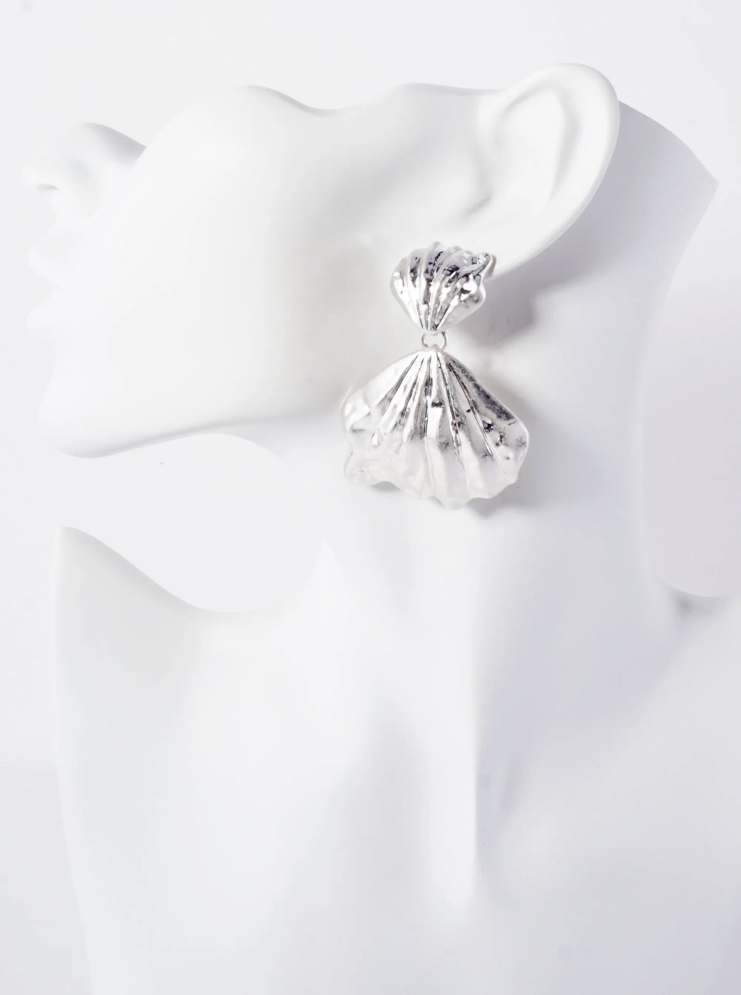 Sea-Life Hammered-Texture Metal Double Shell Statement Dangle Earrings With-Titanium-Post