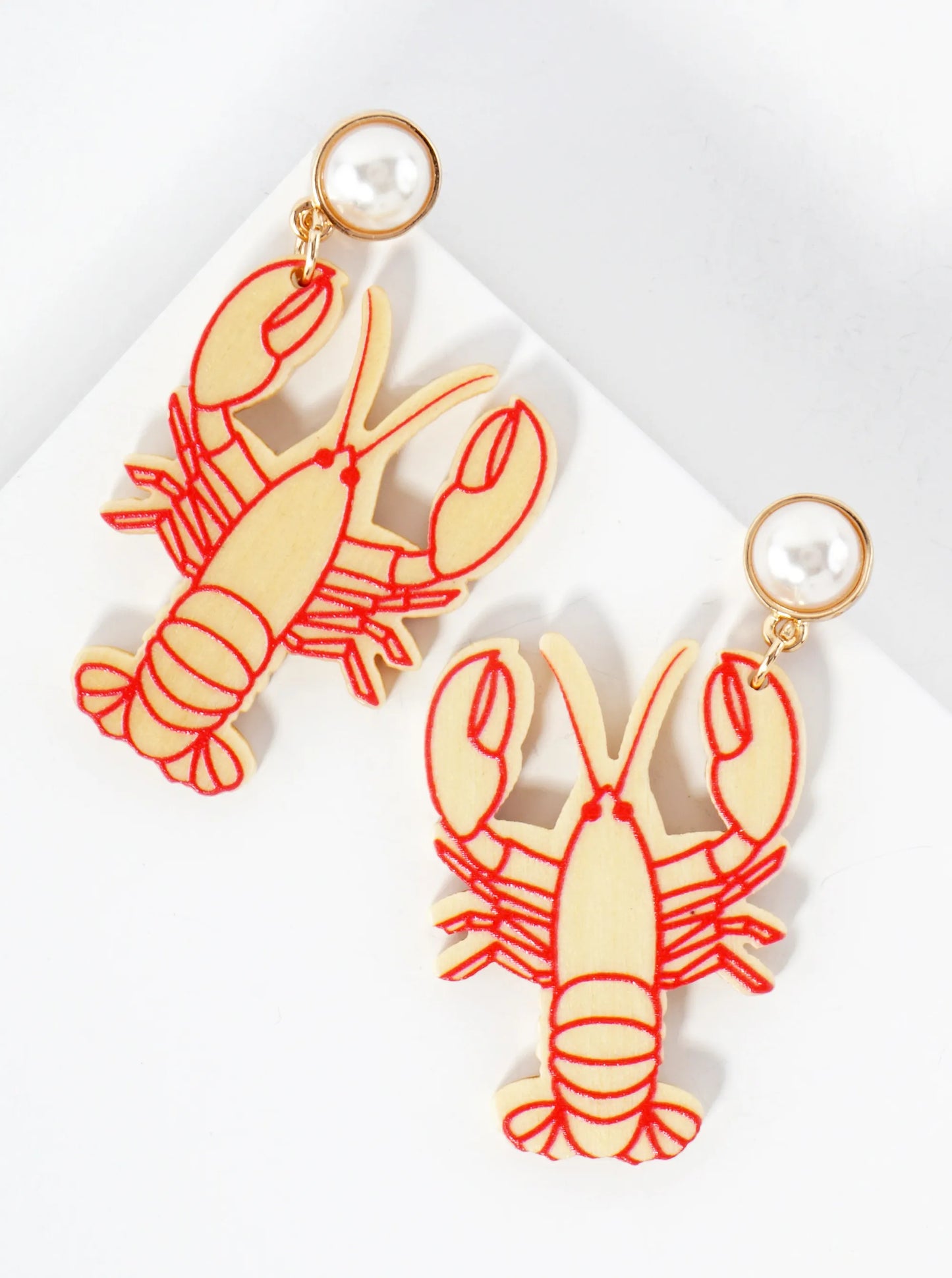 Sea-Life Laser-Cut Pearl Post Wood Lobster Dangle Drop Earrings