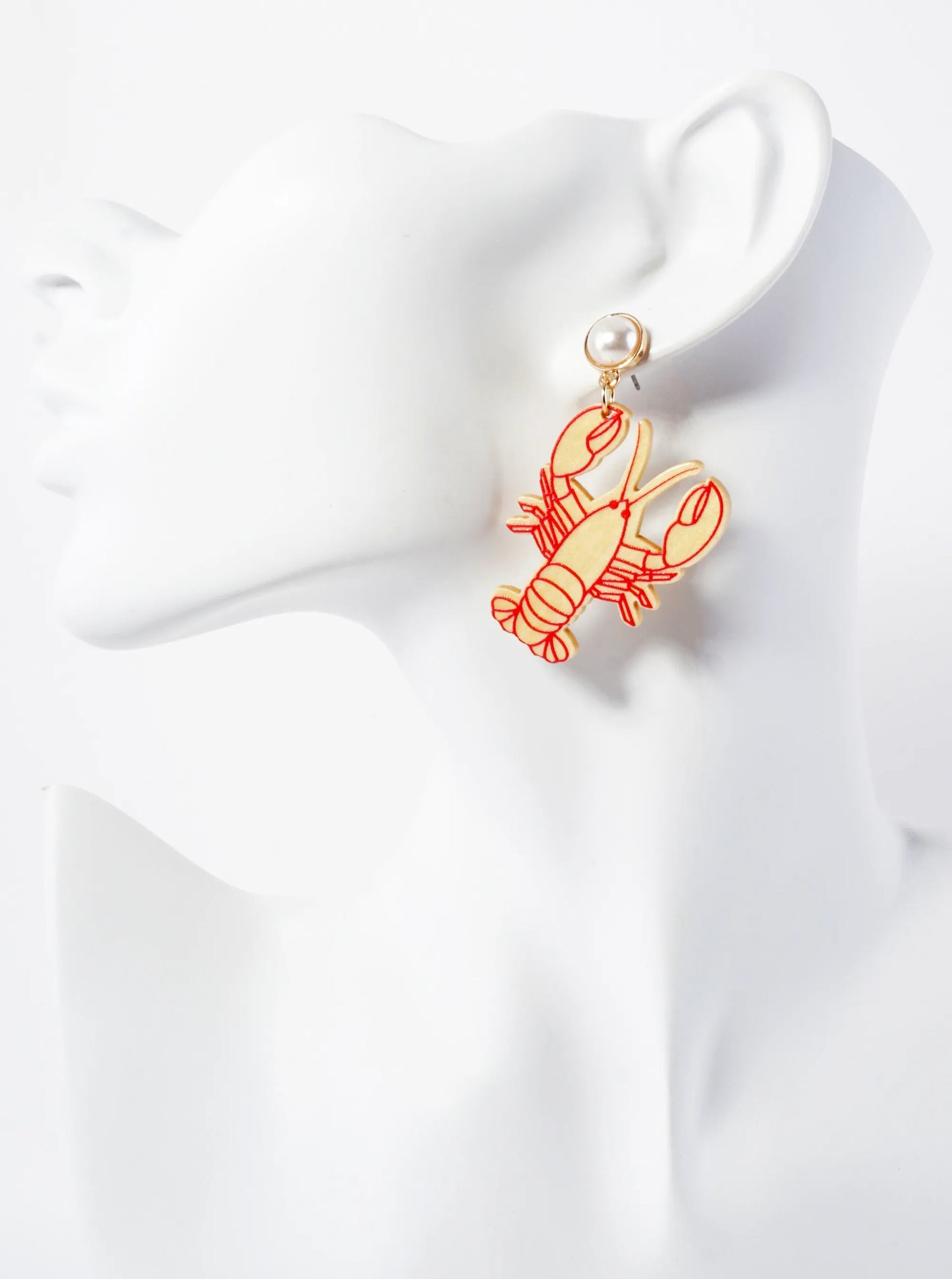 Sea-Life Laser-Cut Pearl Post Wood Lobster Dangle Drop Earrings