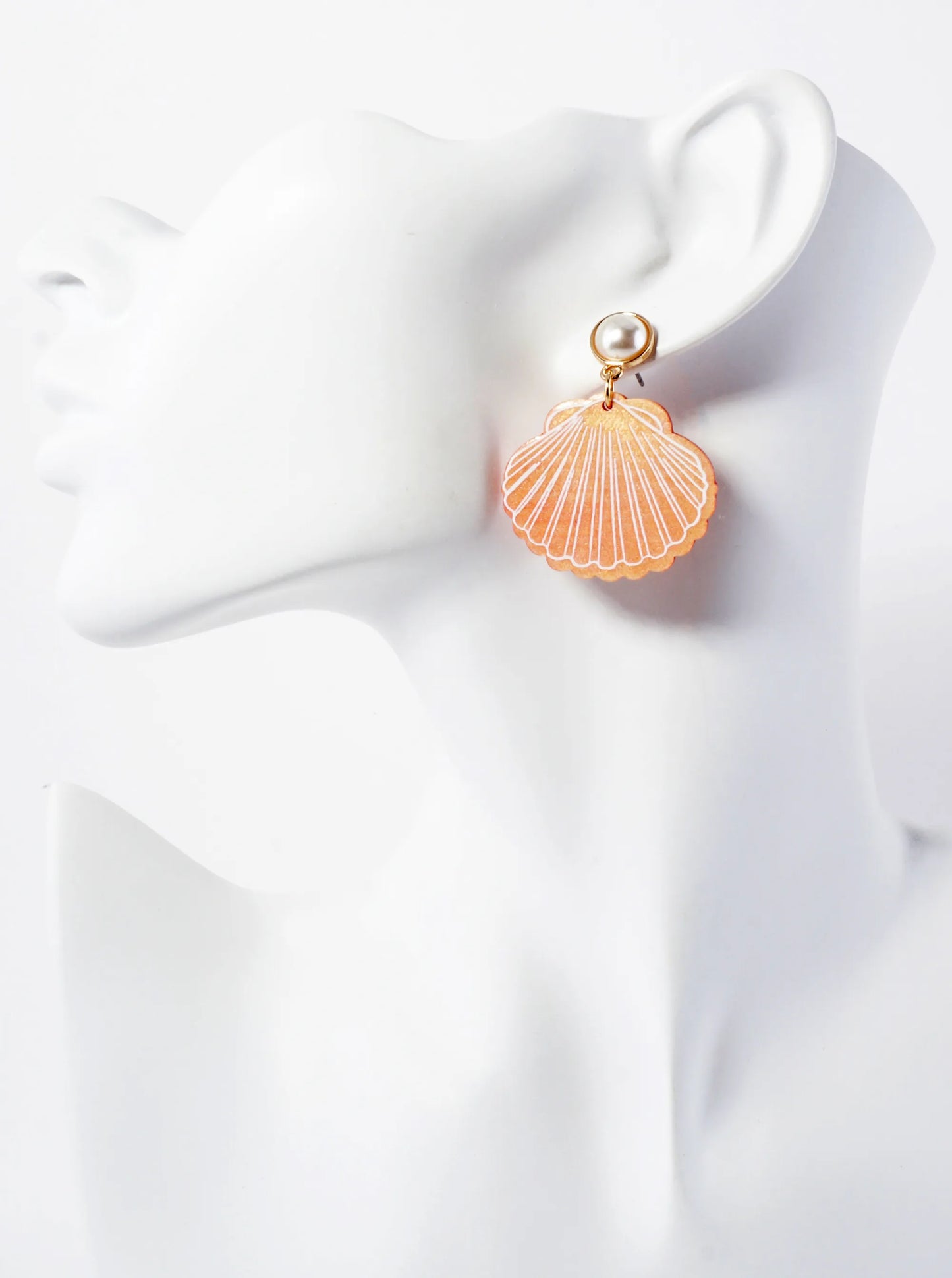 Sea-Life Laser-Cut Pearl Post Wood Seashell Dangle Drop Earrings