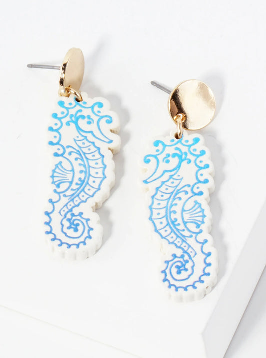 Sea-Life Laser-Cut Wood Seahorse Dangle Drop Earrings