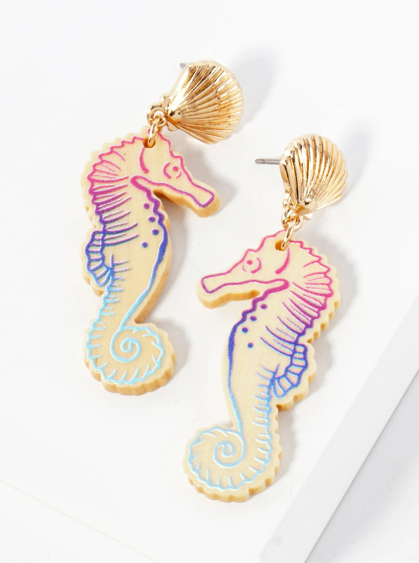 Sea-Life Laser-Cut Wood Seahorse Dangle Drop Earrings