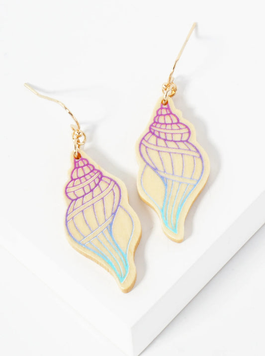 Sea-Life Laser-Cut Wood Seashell Conch Dangle Drop Earrings
