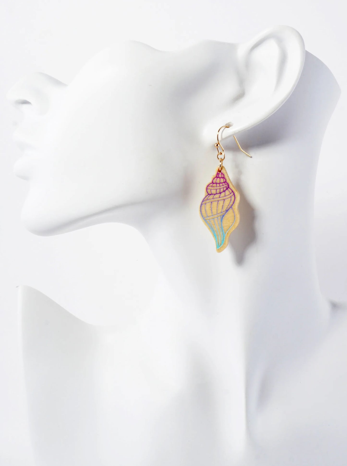 Sea-Life Laser-Cut Wood Seashell Conch Dangle Drop Earrings