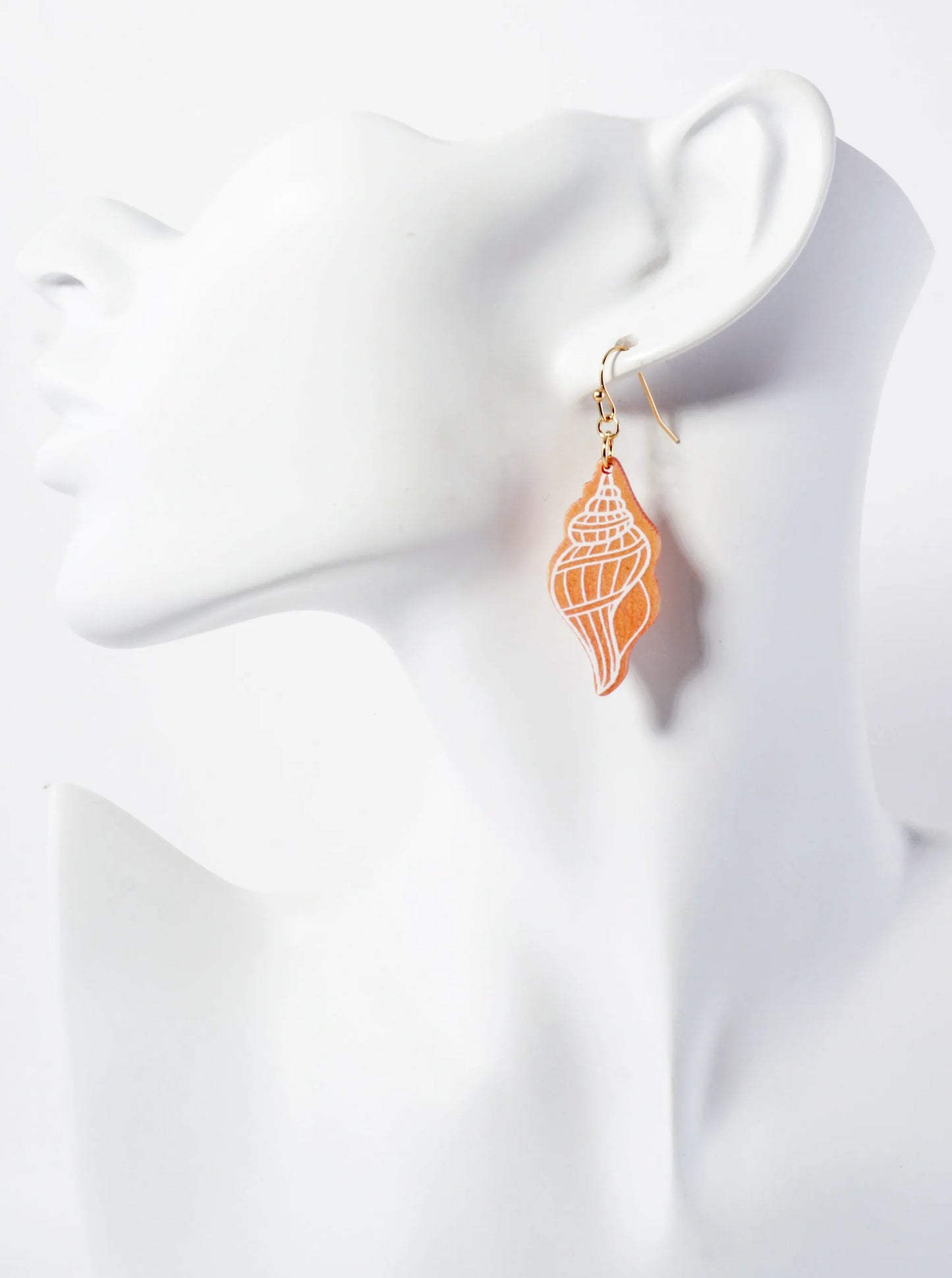 Sea-Life Laser-Cut Wood Seashell Conch Dangle Drop Earrings