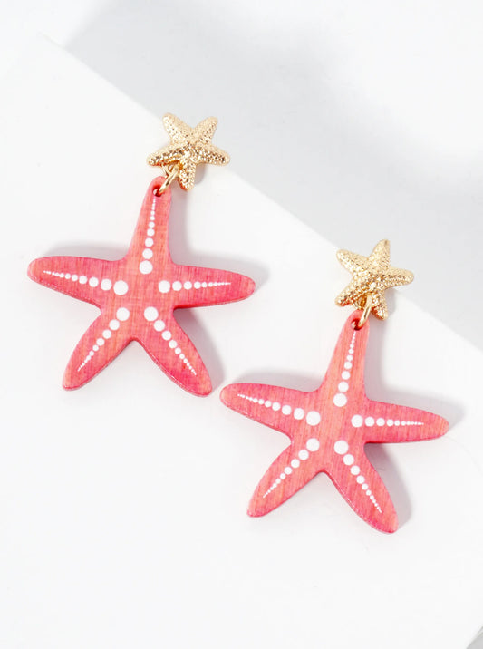 Sea-Life Laser-Cut Wood Starfish Drop Dangle Earrings