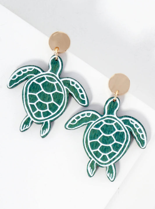 Sea-Life Laser-Cut Wood Turtle Dangle Drop Earrings