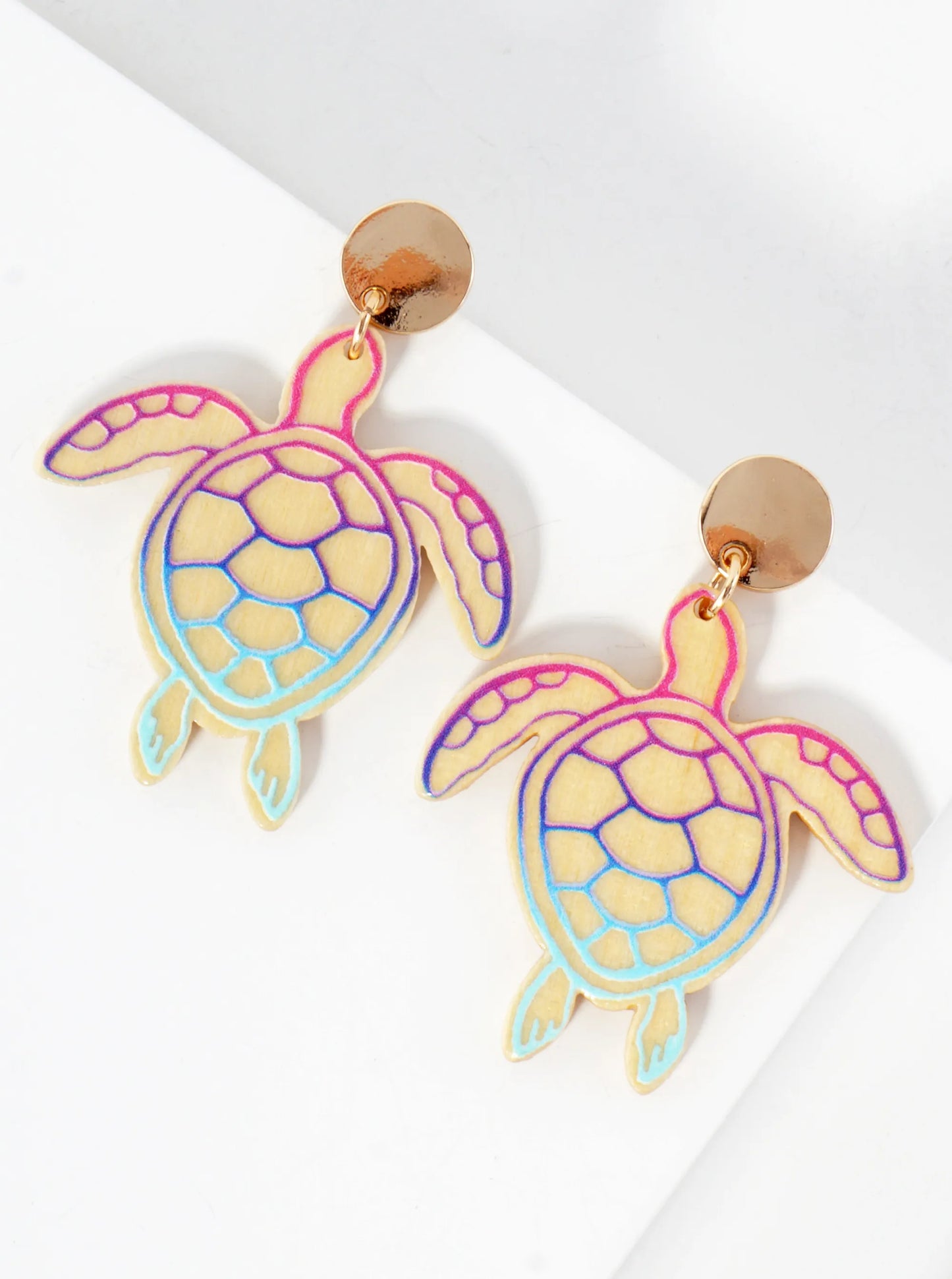 Sea-Life Laser-Cut Wood Turtle Dangle Drop Earrings
