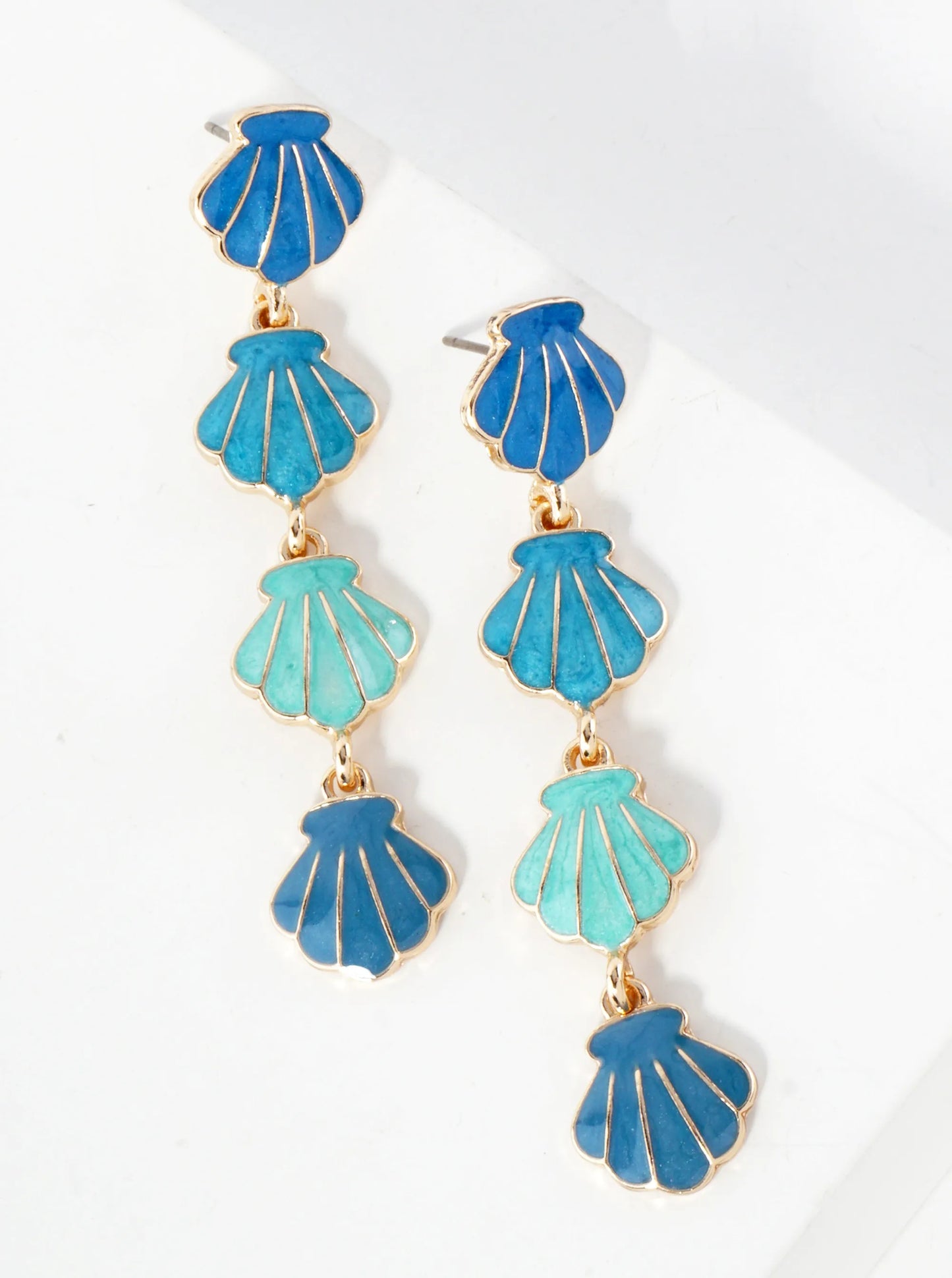 Sea-Life Marble Enamel Filled Four Sea Shell Drop Dangle Earrings