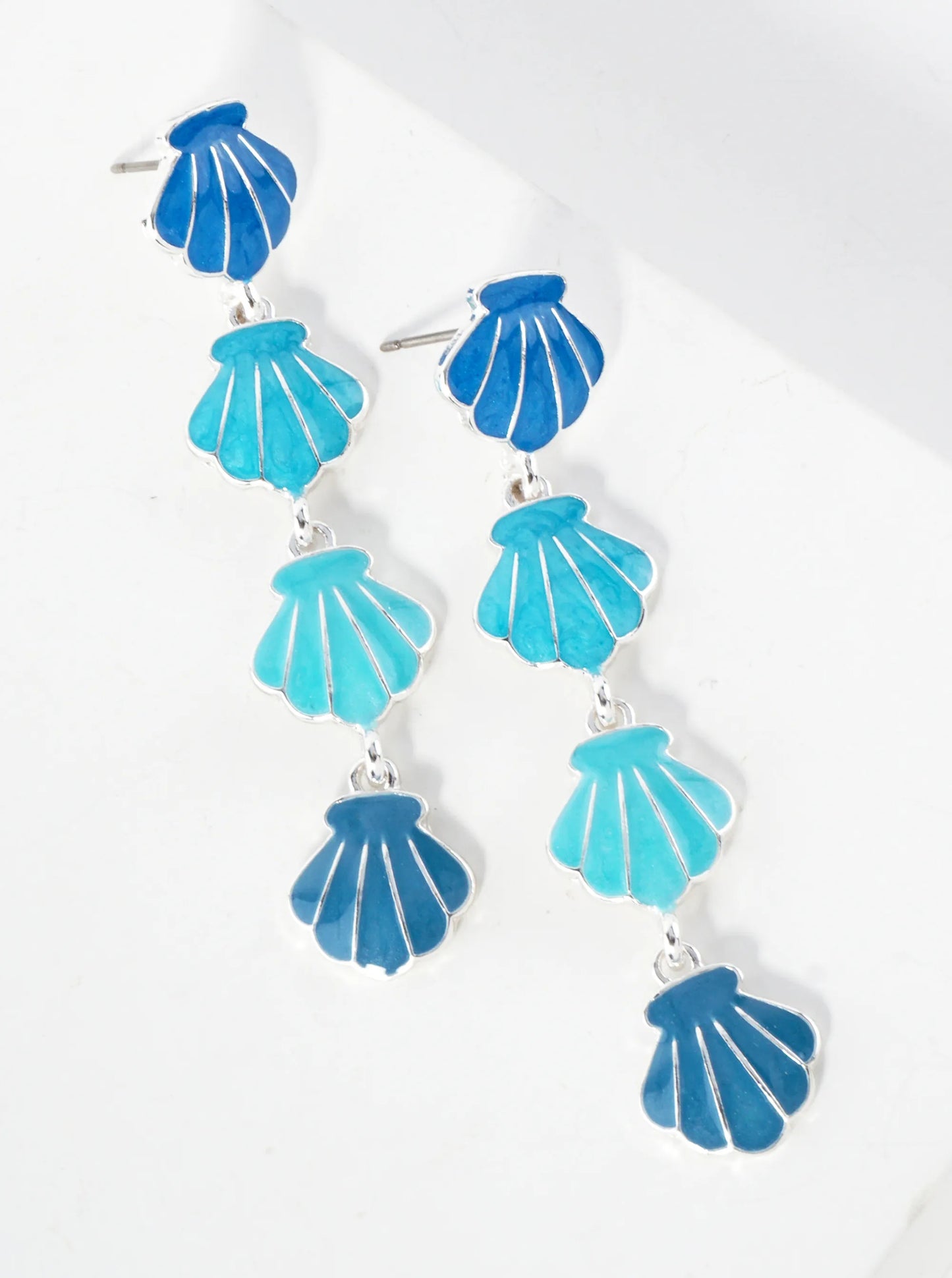 Sea-Life Marble Enamel Filled Four Sea Shell Drop Dangle Earrings