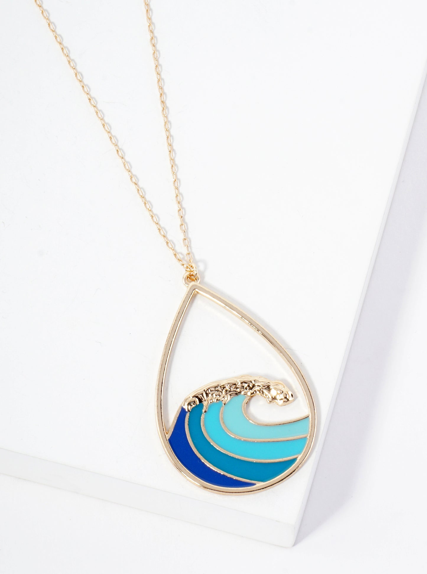 Sea-Life Ocean Wave Teardrop Pendant 30-inch Long Necklace