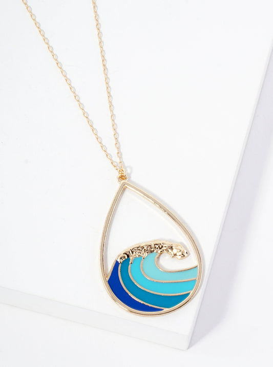 Sea-Life Ocean Wave Teardrop Pendant 30-inch Long Necklace