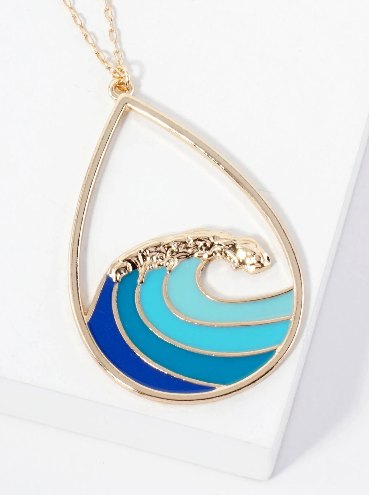 Sea-Life Ocean Wave Teardrop Pendant 30-inch Long Necklace