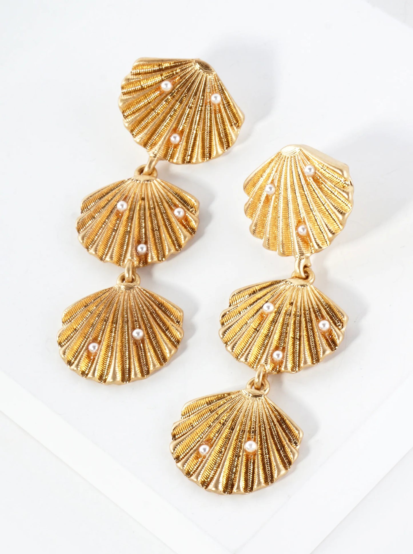 Sea-Life Pearl-Beaded Three Seashell Drop Statement Earrings