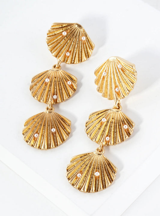 Sea-Life Pearl-Beaded Three Seashell Drop Statement Earrings
