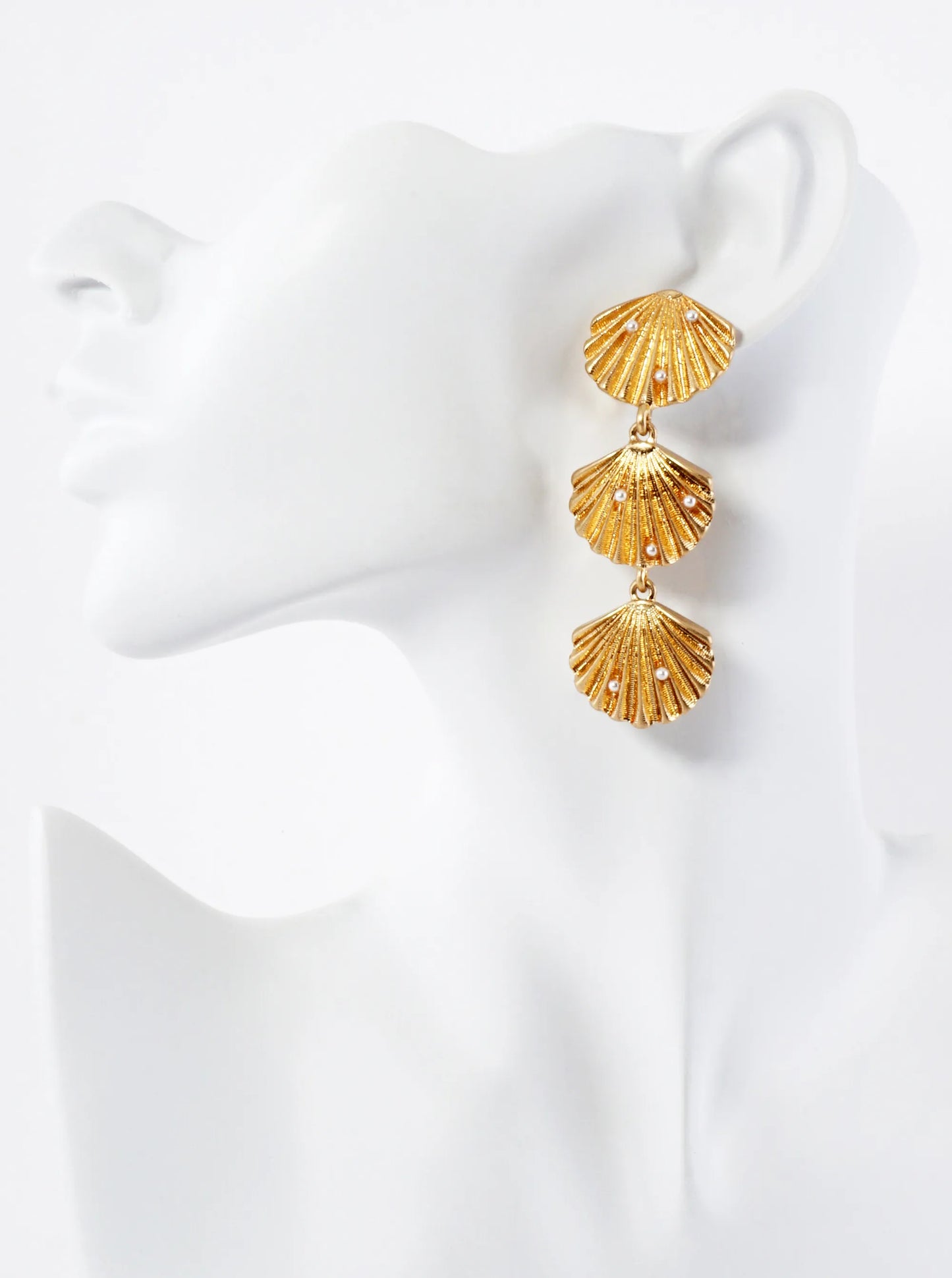 Sea-Life Pearl-Beaded Three Seashell Drop Statement Earrings