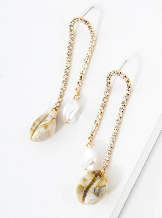 Sea-Life Pearl Cowrie Drop Rhinestone Chain Dangle Earrings