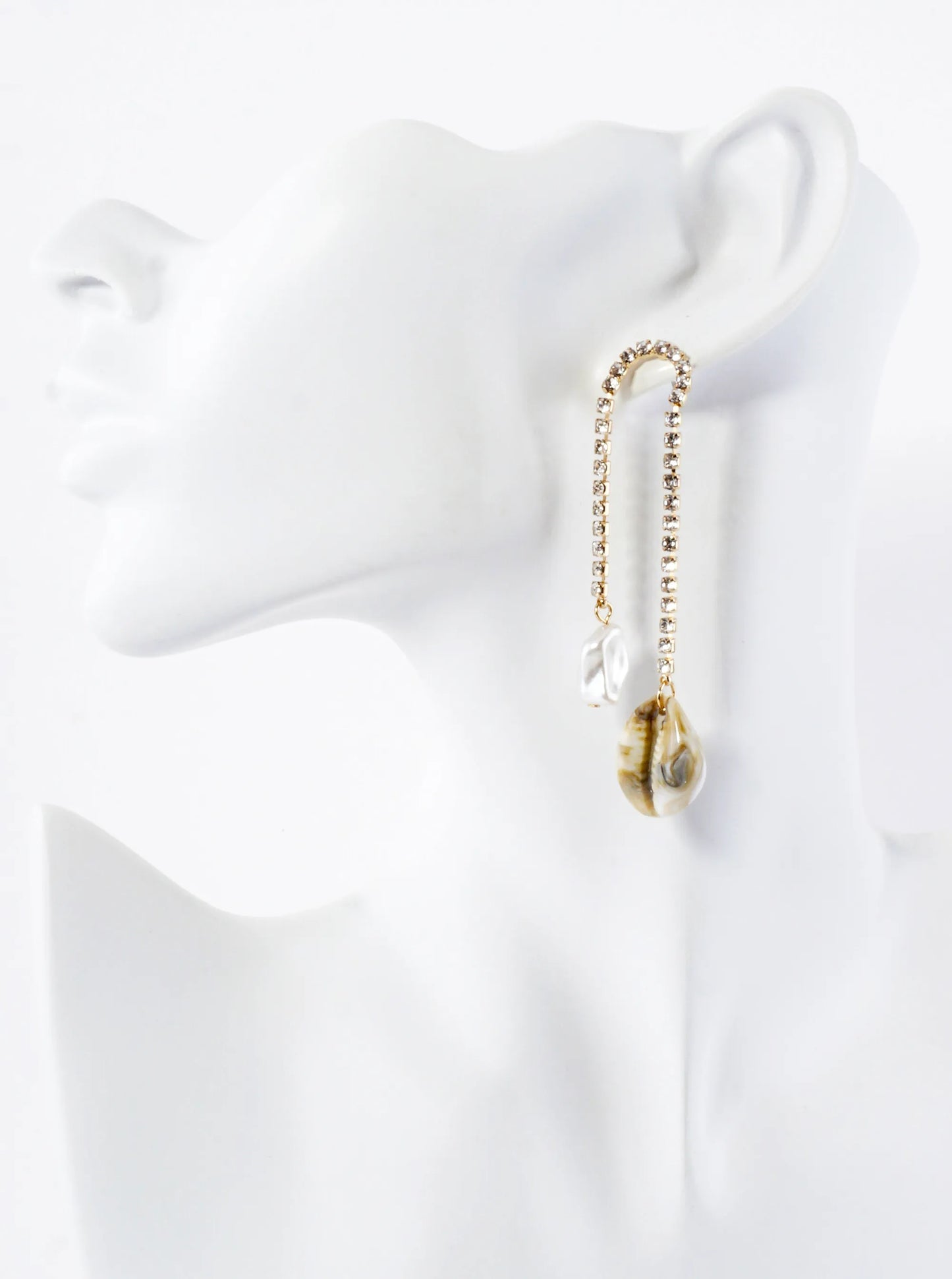 Sea-Life Pearl Cowrie Drop Rhinestone Chain Dangle Earrings