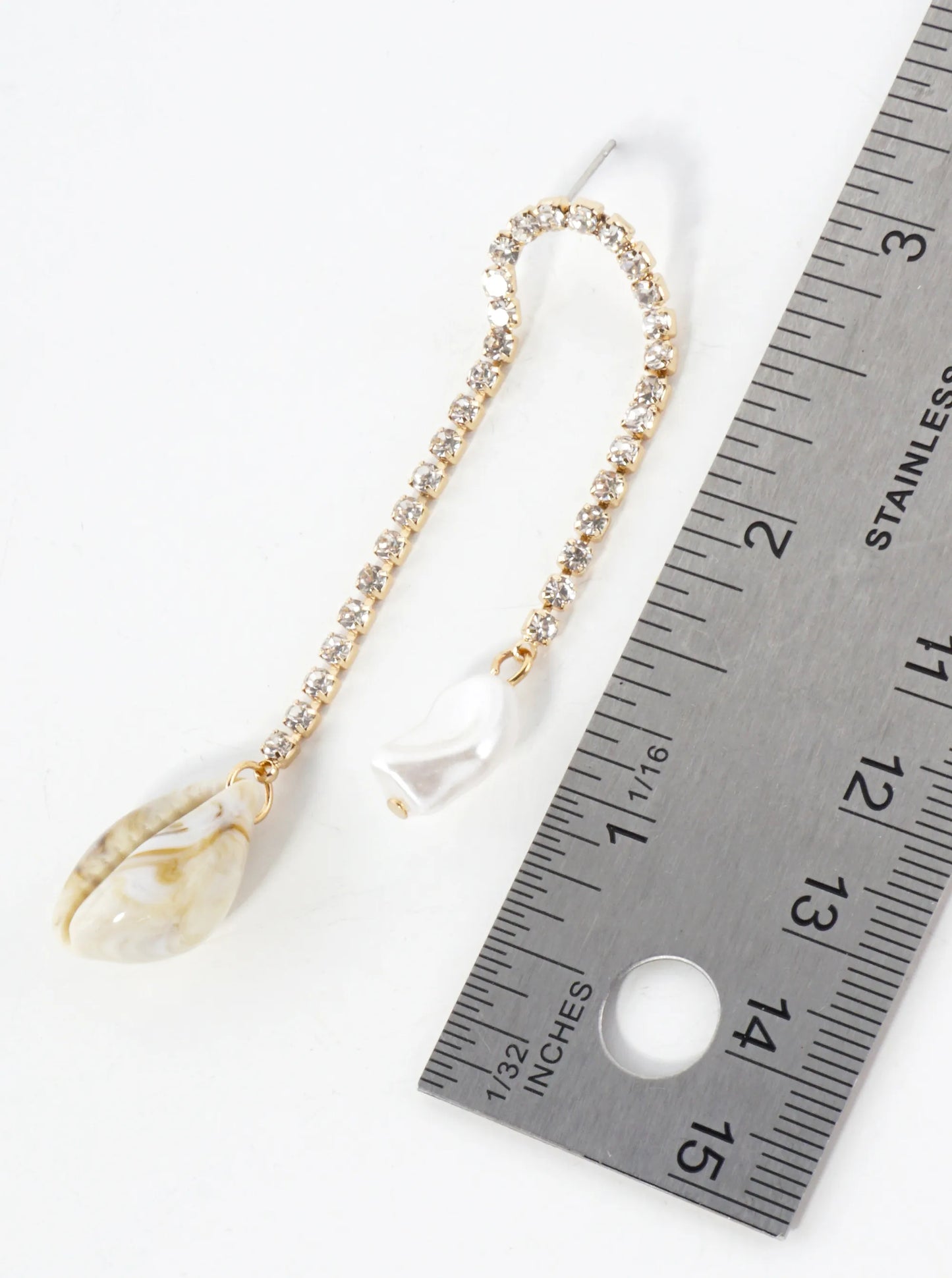 Sea-Life Pearl Cowrie Drop Rhinestone Chain Dangle Earrings