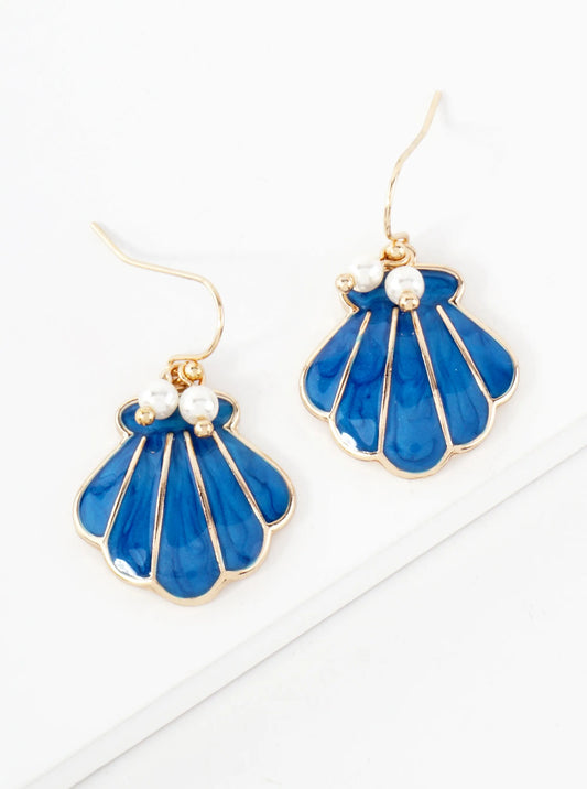 Sea-Life Pearl Enamel Shell Drop Dangle Earrings